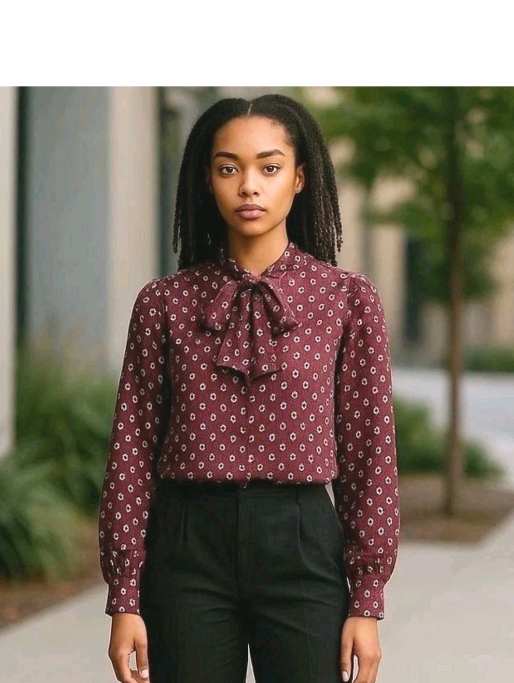 Women's Burgundy Printed Tie-Neck Blouse Cottagecore